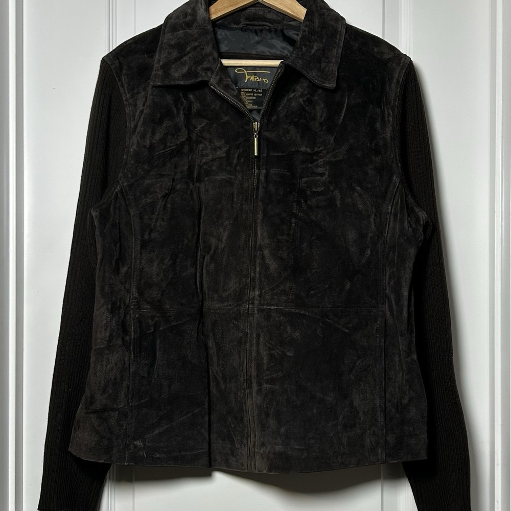 Fabio Vintage Y2K Genuine Suede Leather Black Mixed Media Knit Sleeve Zip Jacket
